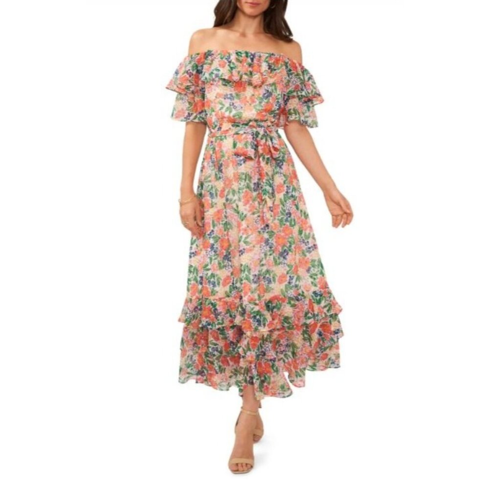 Vince Camuto Floral Ruffle Midi Dress XXS Made In India